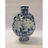 A 19c Chinese moon flask, blue on white decorated with panels of entertainers and moulded serpents
