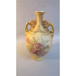 Early 20c Royal Worcester blush ivory two handle vase, floral decoration - shape 1200, date code for