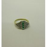 A Gold Diamond and Emerald art deco style ring - ring size L/M.