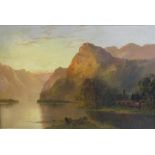 F E Jamieson - Scottish loch and mountains at sunset with cottage in the foreground, oil on