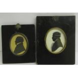 Two 19c black on white silhouette portrait miniatures of gentleman. Oval framed and glazed. 7cms x