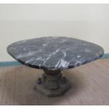 A late 19/early 20c marble top low table on bold baluster carved gilt wood base. 100cms w x 58cms h.