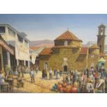 Phyllis Gomme - early 20c Mediterranean town square, signed, oil on canvas. Framed, 45cms x 60cms.