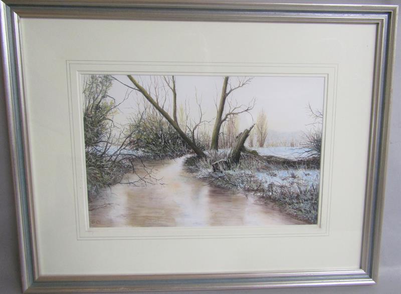 Ronald C Salvesen - Frost on the River Lea, pastel. Signed in mono. Framed and glazed 26cms x 40cms. - Image 5 of 5