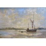 R F Jamieson - the Barge convoy, signed, oil on board. Framed, 50cms x 75cms.