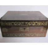 Early 19c rosewood needlework manicure box of rectangular form with hinged cover, cut brass inlaid