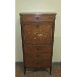 A 19c Continental marble top abatement satinwood panel veneered with chequer line inlay and