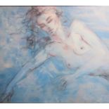 Tom Merrifield - A naked lady in blue, oleograph, framed and glazed, 53cms x 62cms.