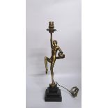 An art deco gilt metal dancing figure table lamp supported on stepped marble base, electrolier.
