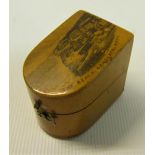 A Mauchline Ware thimble case with a transfer the beach Sandgate, Kent and containing a silver
