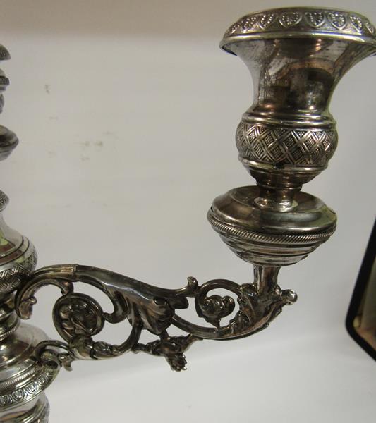 A pair of 19c silver three branch candelabra's with knot fluted tapering columns and raised on - Image 4 of 6