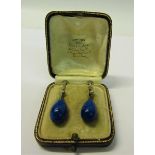 A pair of Edwardian Lapis Lazuli ear drops with ovoid beads, in box.