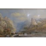 W de Fleury 1863 - Fishing the river Dove in Dovedale, watercolour. Signed, framed and glazed