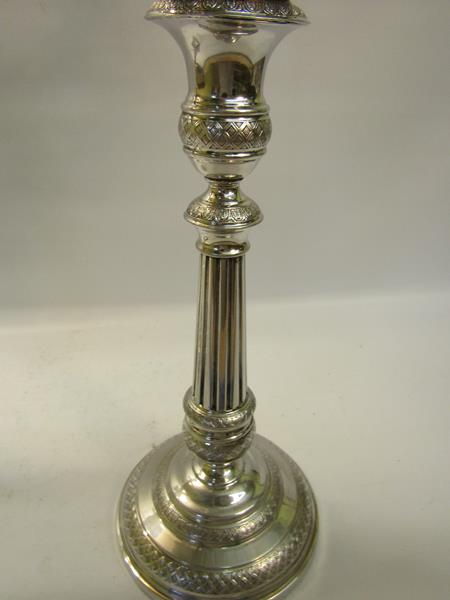 A pair of 19c silver three branch candelabra's with knot fluted tapering columns and raised on - Image 5 of 6