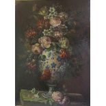 Unsigned 19c Dutch School - a bouquet of flowers in a Delft baluster vase, oil on canvas. Framed,