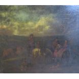 Philip Wouverman - a meeting of travellers on horseback, oil on canvas. Framed, 43cms x 51cms.