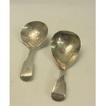 Two 19c tea caddy spoons, both bowls engraved with flowers and fruiting vine. One with makers mark