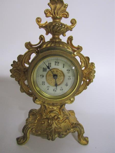 A late 19c American mantel clock by the Amsonia Clock Co. in rococo cast gilt case embellished - Image 2 of 3