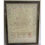 An early 19th Century needlework map of England and Wales with counties detailed and numbered
