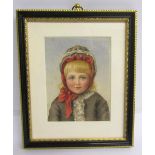 Mono EVS - 19c miniature watercolour portrait of a young lady wearing a Winter hat, trimmed with red