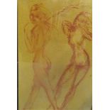 Tom Merrifield - A sketch of two nude females in a wind swept location, framed and glazed, 76cms x