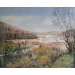 Edwin Woodcock - Autumn Lakeside, signed, oil on board. Framed 24cms x 29cms.