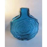 A Whitefriars Geoffrey Baxter kingfisher blue banjo vase, pattern no.9681, 32cms h.