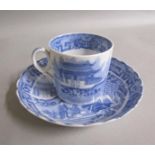 A Miles Mason coffee cup and saucer, the blue transfer print of Chinamen on a veranda. cup 6.2cms h.