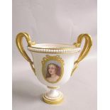 A Royal Worcester two handled vase, painted with an oval portrait ?Mrs Middleton? . The handles
