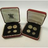 Two sets of 1967 Maundy money in red tooled leather boxes.