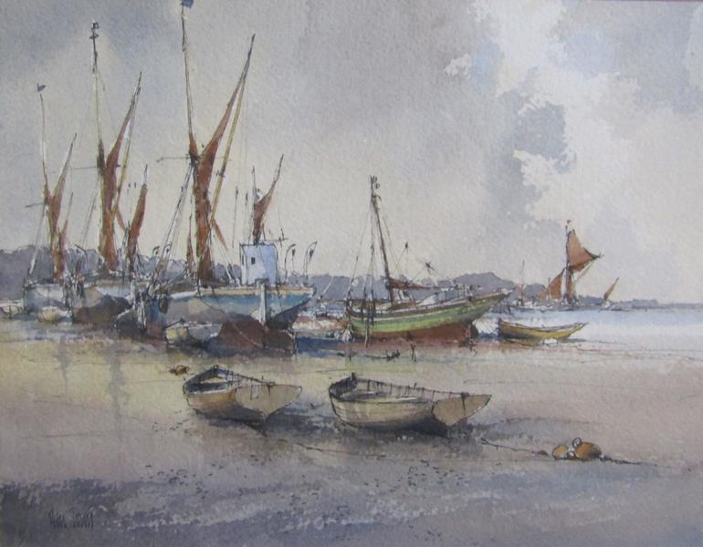 Peter Toms - on the Hard, watercolour. Signed, framed and glazed 19cms x 24cms.