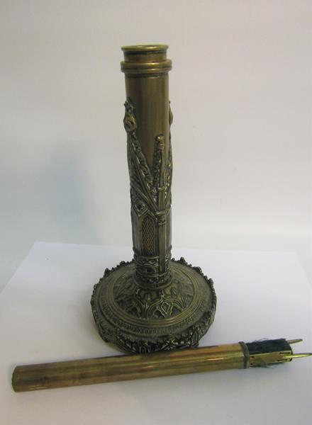 A 19c brass fan holder embossed and engraved in Gothic form, the columns supported on a circular - Image 3 of 3