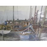 Keith Burtenshaw - boat moorings, Benfleet, watercolour. Signed, framed and glazed 37cms x 53cms.