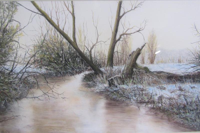 Ronald C Salvesen - Frost on the River Lea, pastel. Signed in mono. Framed and glazed 26cms x 40cms.