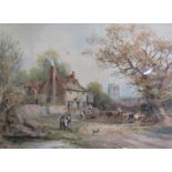 A Montrose 1907 - cattle drover and cattle outside an Inn in a village setting, watercolour.