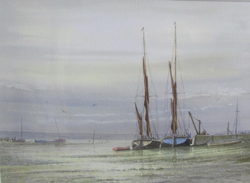 Alan Whitehead - beached sailing vessels at the quayside, watercolour. Signed, framed and glazed