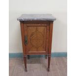 A 19c Continental satinwood marble top pot cupboard on reeded tapering legs with pad feet. 40cms w x
