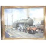 An original oil painting on board by John Griffiths depicting a steam train and tender in a siding,