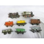 Hornby O-gauge - two various tank locomotives and six goods wagons