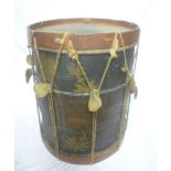 A George III painted birch military drum, originally from the Battle of Waterloo,