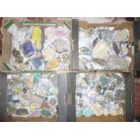 Four boxes of various World minerals including quartz and chalcopyite, feldspar, selentine, azurite,