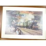 A coloured Railway print "Sunshine and Steam" after Philip D Hawkins,