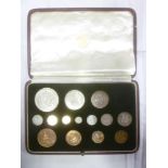 A 1937 15-piece specimen coin set including Maundy set in original leather case