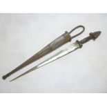 An African dagger with 16" double-edge steel blade and leather bound hilt in leather sheath