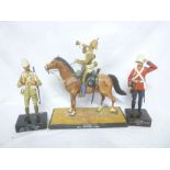 Three modern painted soldier figures including 10th Hussars 1880 on horseback,
