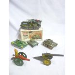 A Japanese battery operated action tank in original box; Marx tin-plate field gun,
