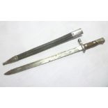 A Spanish 1893 pattern Artillery bayonet with single-edged blade in steel mounted leather scabbard