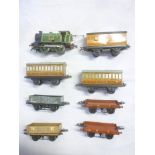 Hornby O-gauge - LNER clockwork reversing tank locomotive and seven various goods wagons/ carriages