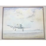 A framed and glazed watercolour by J Watson depicting aircraft landing on a aircraft carrier