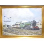 An original oil painting on board by David French - Steam train and goods wagons leaving a station